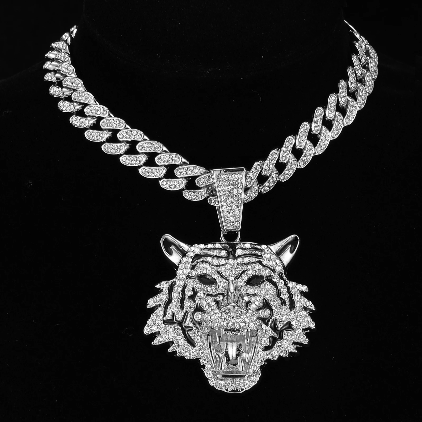 D&Z Tiger Head Pendant  With 13mm Rhinestones Miami Cuban Chain HipHop Iced Out Bling Necklaces Fashion Jewelry For Man