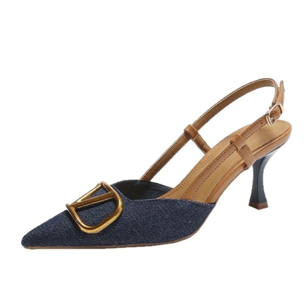 2025 sommer Neue Retro High Heels Schuhe Französisch Licht Mund Spitzen Kopf Dünne Ferse frauen Denim High Heel Sandalen tasche Kopf