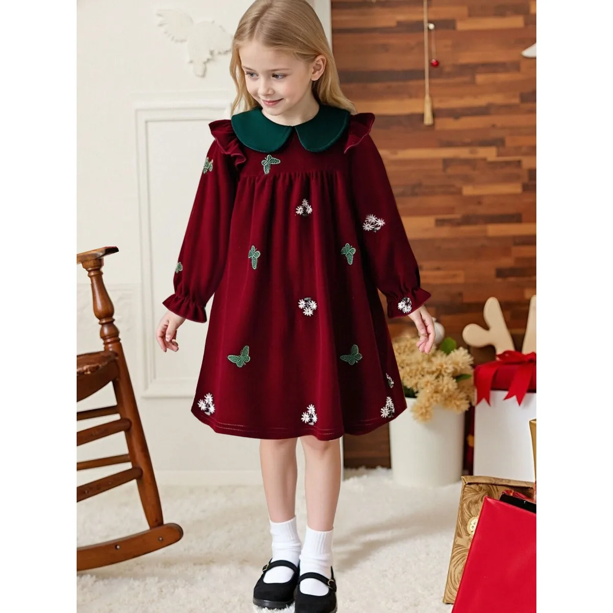 Girl's Retro Velvet Floral Butterfly Embroidered Color Block Emerald Green Peter Pan Collar Loose Dress