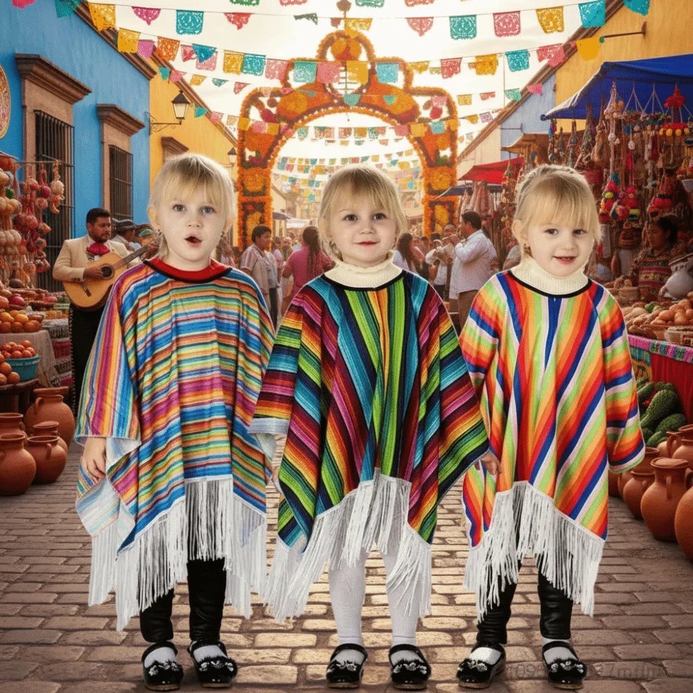 Ethnic Gown - เสื้อคลุมสไตล์ชนเผ่าลายทางสีสันสดใสคุณภาพสูง พร้อมพู่ตกแต่ง น้ำหนักเบา ชุดการแสดงแบบเม็กซิกัน เสื้อคลุมสำหรับงานเทศกาลเม็กซิกัน