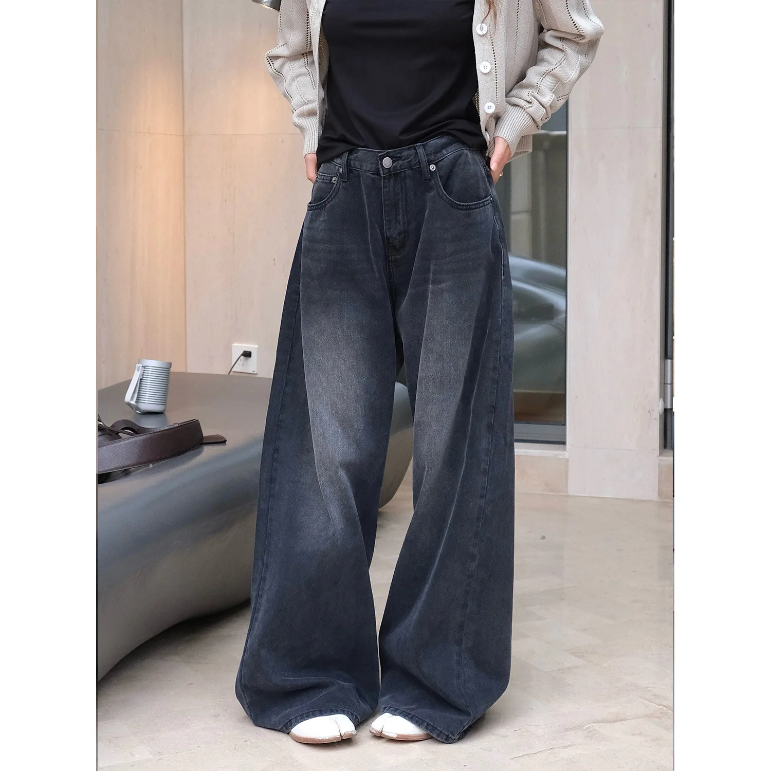 

Washed Black Gray Wide Leg Jeans Black Loose Casual Pants for Women