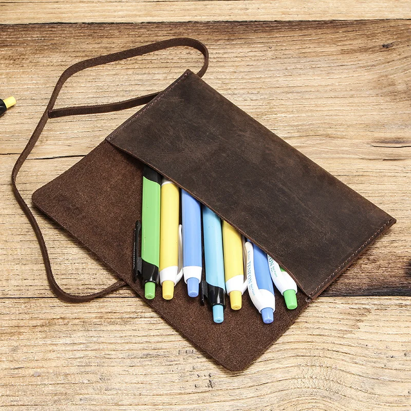 Creative Cord-Wrapped Genuine Leather Pen Case Mad Cow Leather Square-Shaped Water Pen Holder with Painting Detail