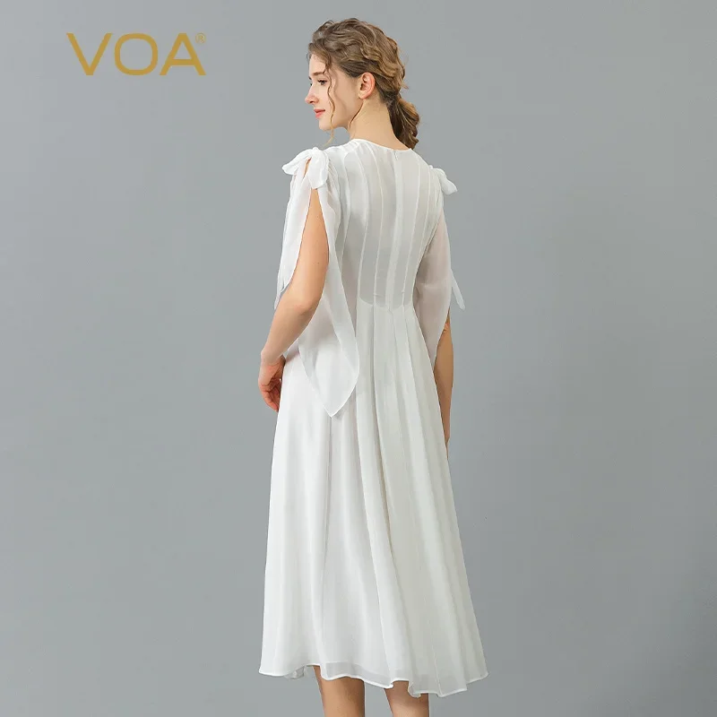 Voa smoothie branco dupla camada georgette seda amoreira renda solta-folha em torno do pescoço cintura plissado simples vestido de seda verão ae1623