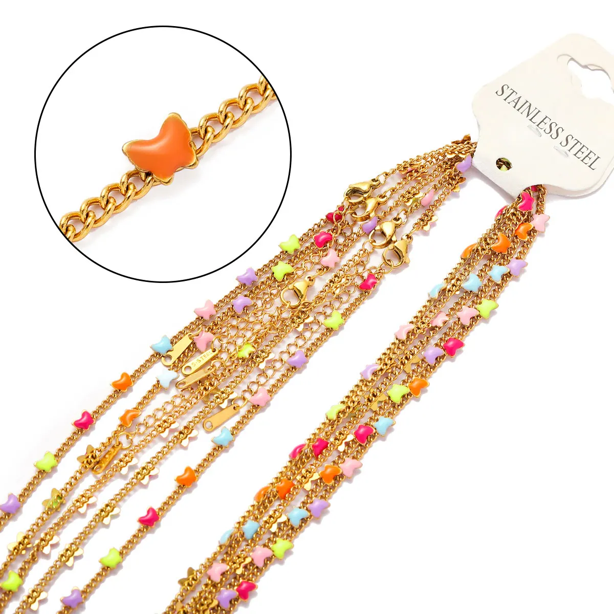 5pcs/Lot 45cm Butterfly Colorful Enamel Stainless Steel Link Chain Necklace Women Paperclip DIY Charm Pendant Jewelry Making