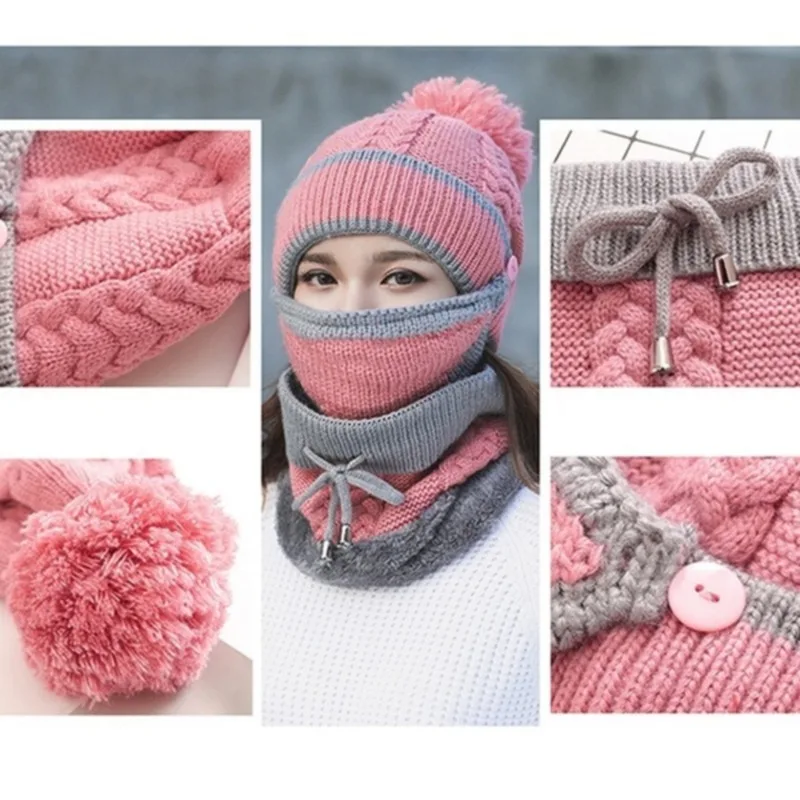 Brand Winter Knitted Scarf Hat Set Thick Warm Skullies Beanies Hats for Women Solid Outdoor Snow Riding Ski Bonnet Caps Girl