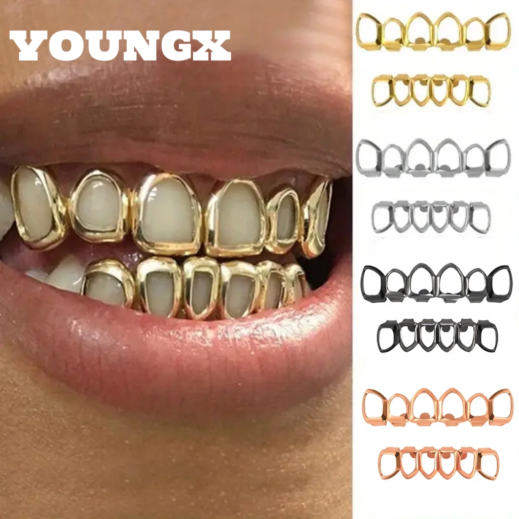 YOUNGX أعلى أسفل 6/6 لامعة كامل الجوف الأسنان Grillz الهيب هوب الشرير 6 ثقوب قبعات الأسنان للنساء الرجال المجوهرات هالوين هدية #1