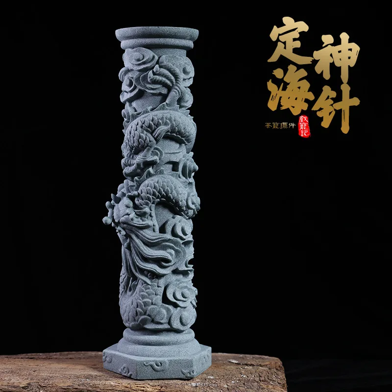 

Green Sand Stone Chinese Carving Dragon Column Desktop National Trendy Style Decoration Fish Tank Landscape Submerged Living Roo