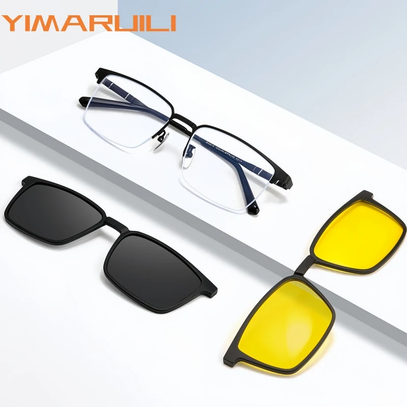 

YIMARUILI Fashion Men's Polarized Magnetic Clip Glasses Anti UV Full Frame Half Frame Business Driving Pure Titanium Eyeglasses