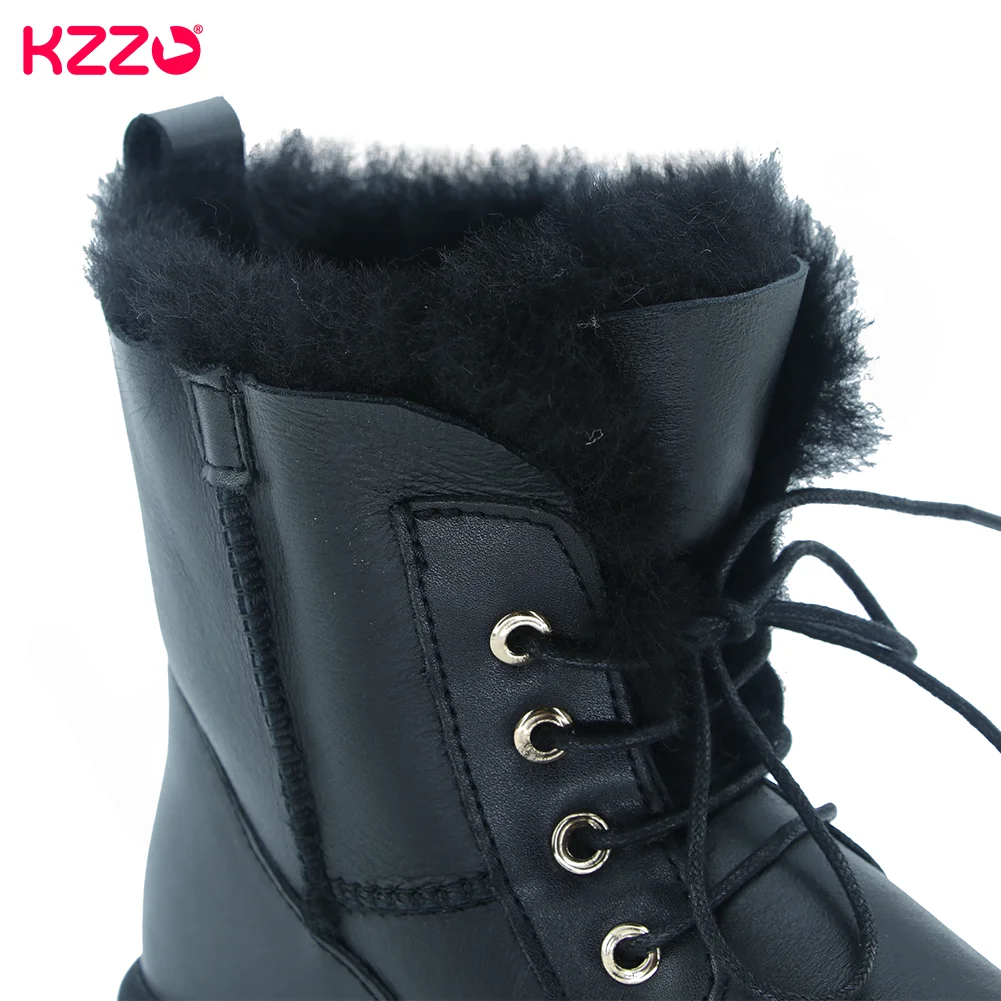 KZZO New Real Waterproof Sheepskin Leather Snow Boots Lace-up Women Mid-Calf Casual Natural Wool Fur Lined Winter Warm Shoes