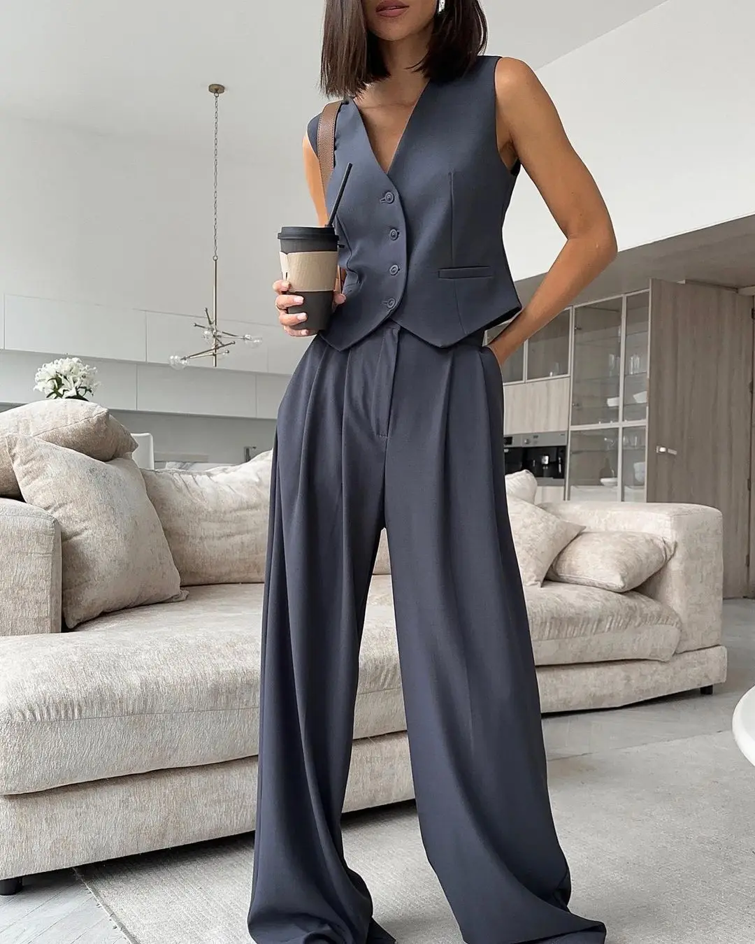 Blazer Tank Long Pants Women\'s Suit Sleeveless V-neck Buttoned Vest High Waist Pant 2024 Spring New Lady Commuter 2-piece Set