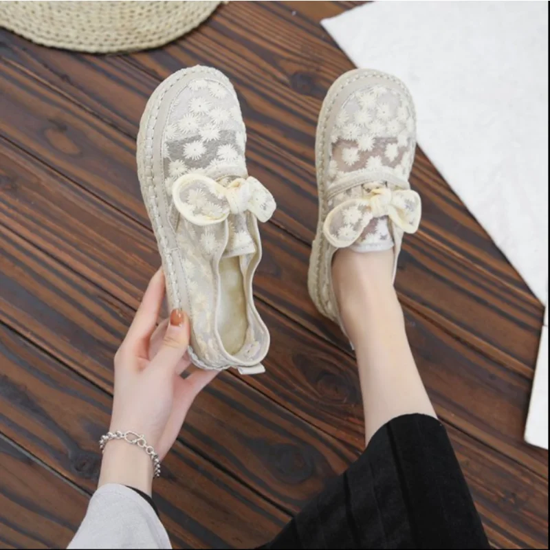 2024 NEW Women\'s Breathable Mesh Flower Lace Casual Shoes Fashion Flats Shoes Women Shallow White Loafers Shoes 35-40