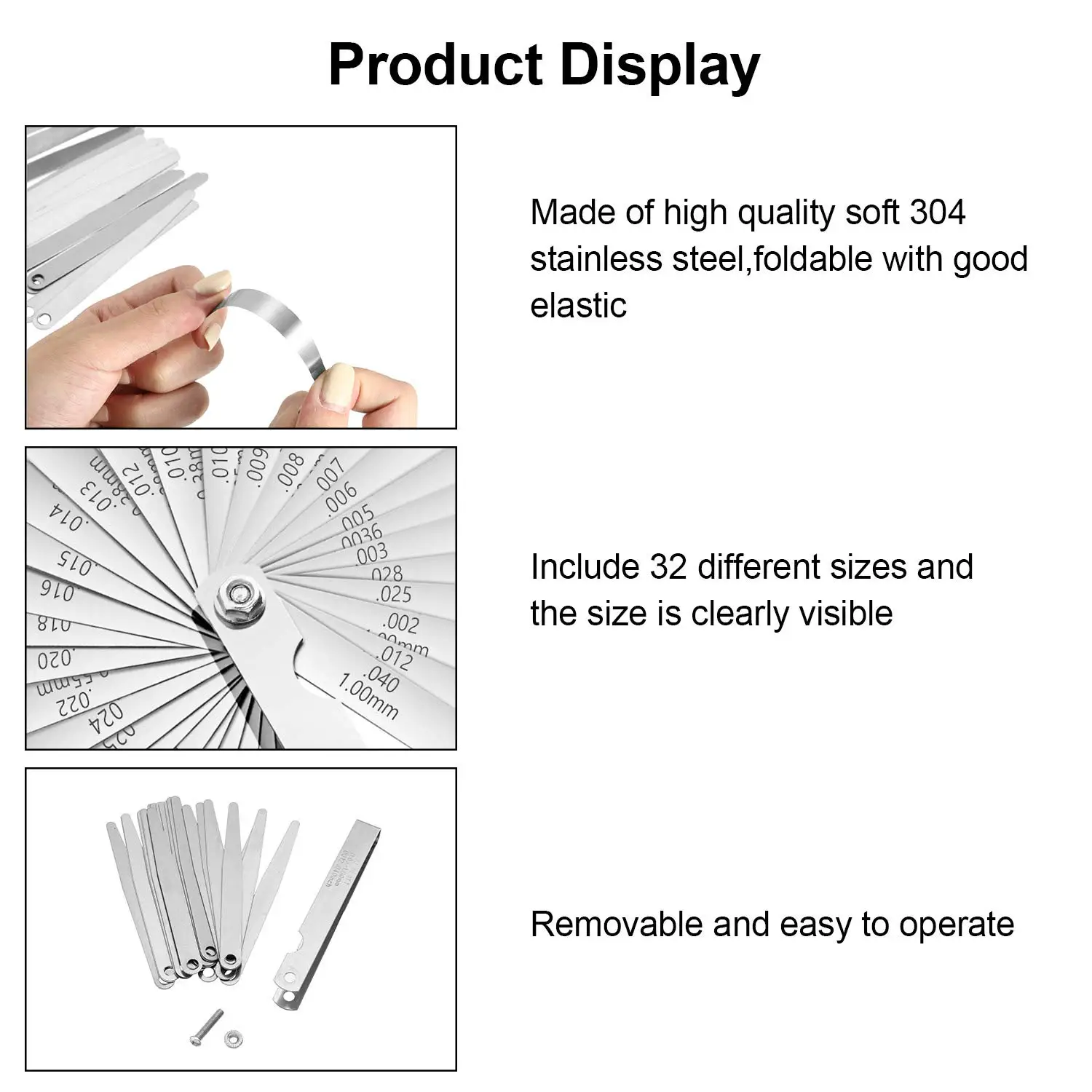 Spurtar 32 شفرات مقاييس المحسس 0.001-0.04 بوصة (0.03-1.00 مم) مجموعة قياس المحسس المدبب مقاييس سمك المعدن ذات علامة مزدوجة #5