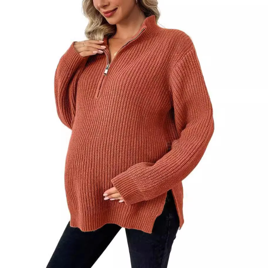 American Vintage Fashion Knitted Sweaters Maternity Zipper Up Side Split Oversize Loose Tops for Pregnant Women Autumn Pregnancy