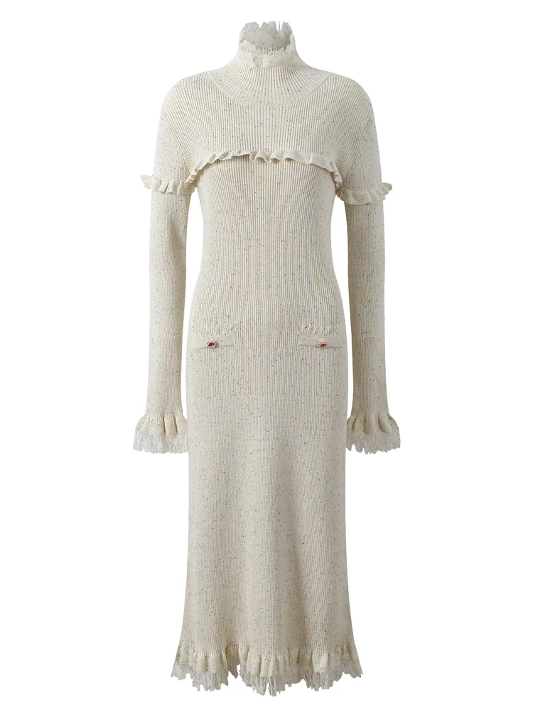 Sukienka europejska, elegancka, z falbanką, okrągły dekolt, dzianinowa, damska, z wysokim stanem, w kształcie litery A, letnia.