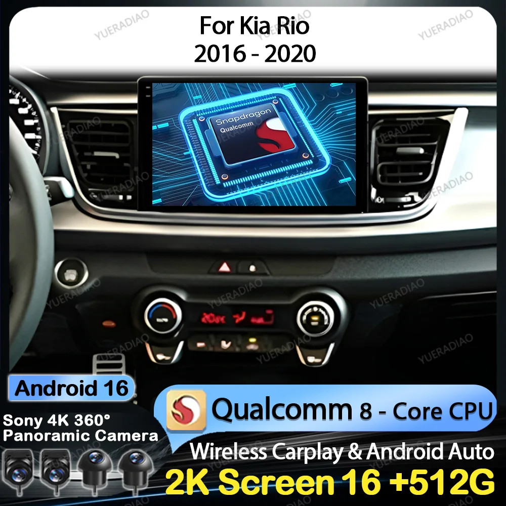 Radio para Auto con Android 16 para Kia Rio 2016 2017 2018 2019 2020 2021 2022, GPS, Navegador, Unidad Principal QLED, 4G, WIFI, Reproductor Multimedia de Video, Bluetooth