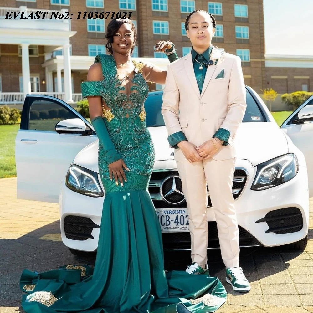 EVLAST Personalizado Sexy Verde Escuro Frisado Longo Vestido de Baile 2025 Para Menina Negra Vestido de Noite Formal Vestidos de Festa de Aniversário E2P17