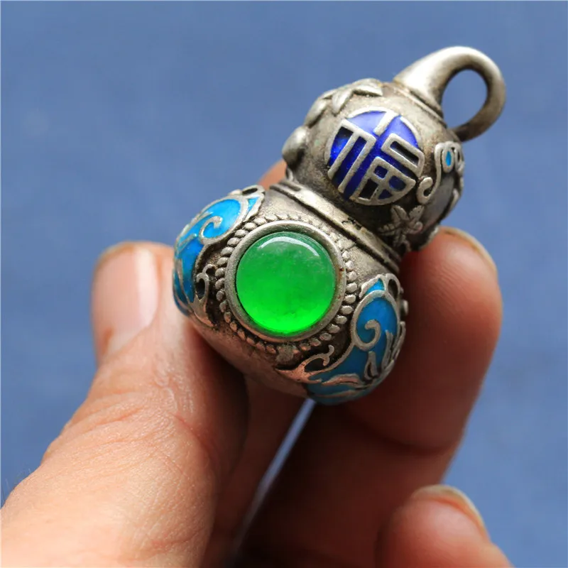 

Antique Old Silver Cloisonne Baked Blue Inlaid Malay Jade Fu Character Calabash Pendent Pendant Ethnic Style Accessories