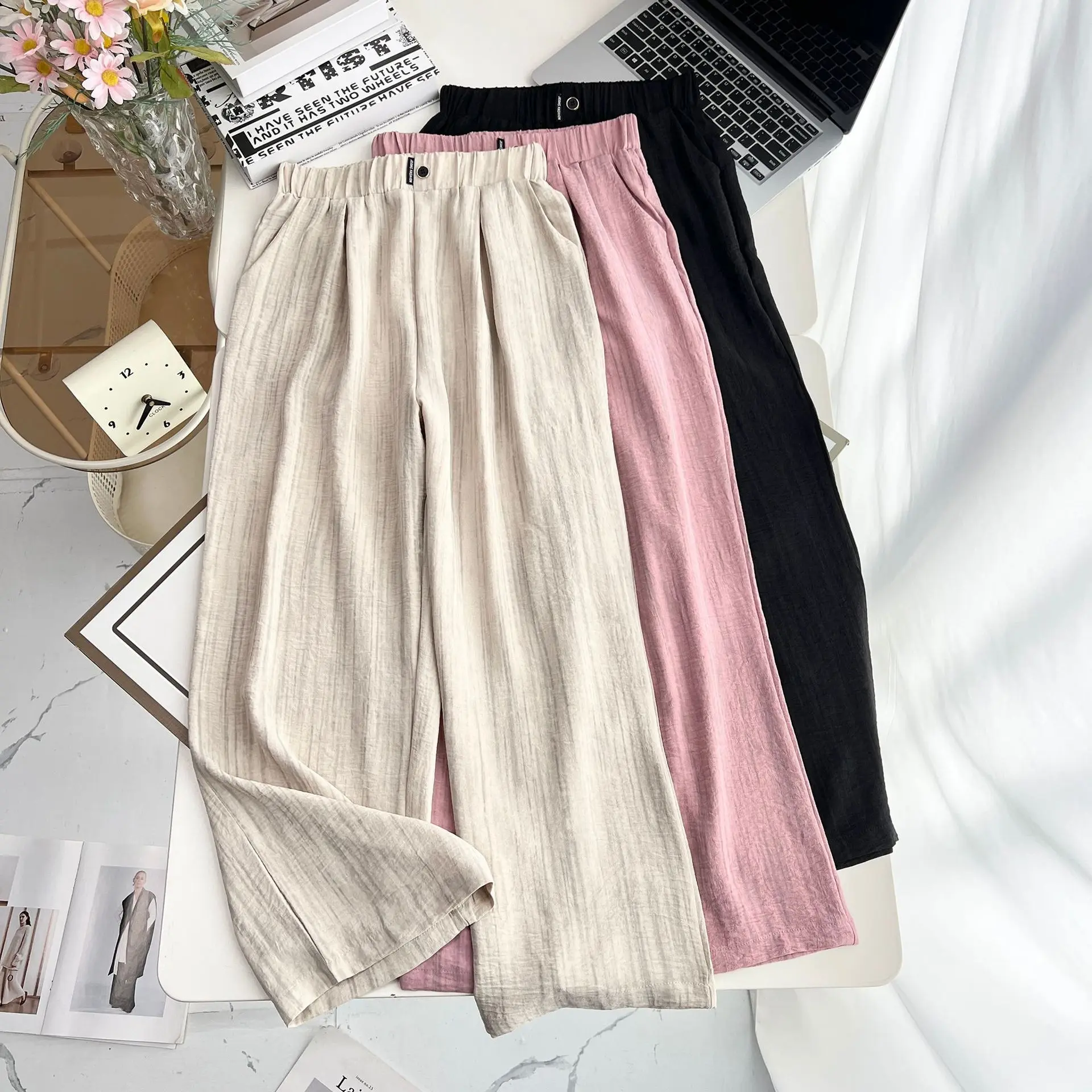 100 كجم حجم كبير الصيف جديد رقيقة مستقيم بنطلون عادية الحرير الجليد واسعة الساق السراويل الطويلة للنساء 8583