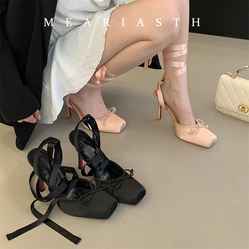 

Fashion Style Butterfly-knot Cross Ankle Lace-up Mules Women Pumps Elegant Square Toe Thin High Heels Banquet Dress Ladies Shoes