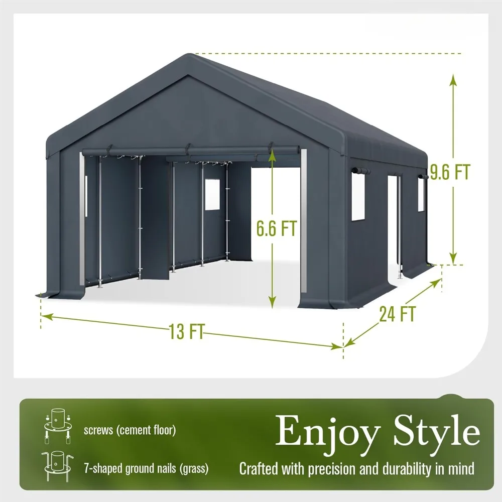 13 X 24 Ft Carport, Motorcycle Storage Tent Sheds Shelter Garage with Roll Up Doors, Easy-to-assemble, Car Canopy