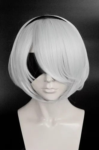 NieR:Automata 2B YoRHa No. 2 Type B Heroine Short Silver White Bobo Heat Resistant Cosplay Costume Wig No Eye Mask + Wig Cap