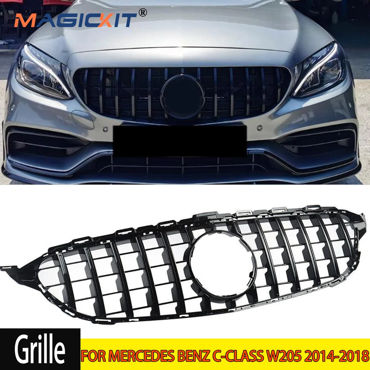 For Mercedes W205 C300 C450 C43 AMG 2014-2018 GTR Style Front Grille Gloss Black CAR Accessories