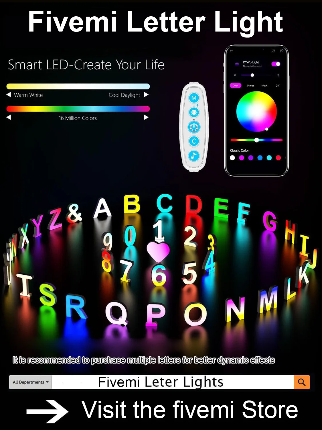 Colorful LED Letter Lights Smart APP 128+ Scenes DIY Music Sync Alphabet light for Night Light Wedding Birthday Home Bar Decor K