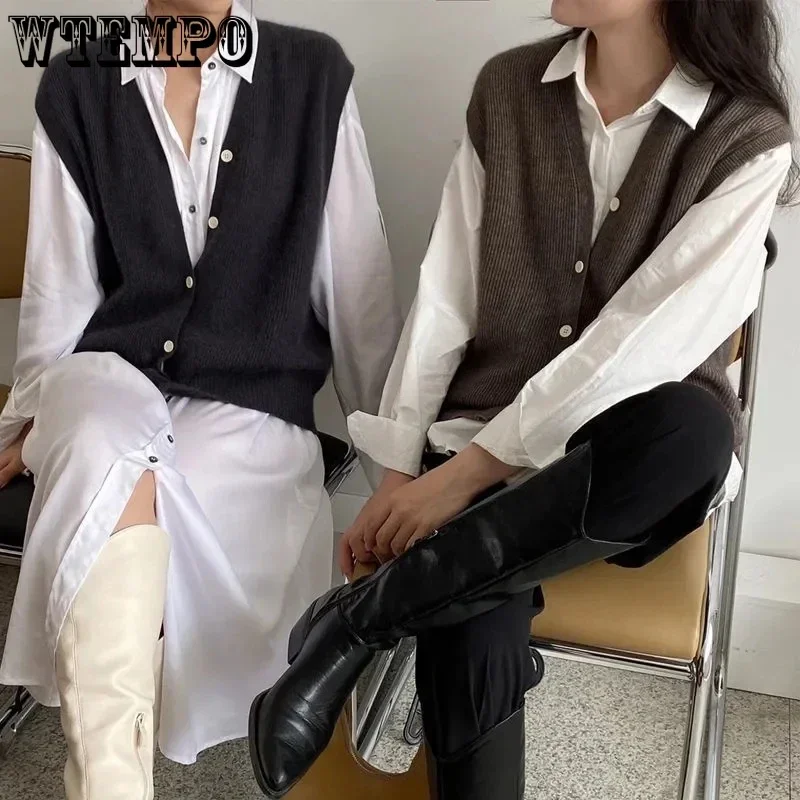 WTEMPO New Knitted Vests Office Ladies Japanese Style V-Neck Button Cardigans Coats Women\'s Spring Fall New Elegant Sweater Vest