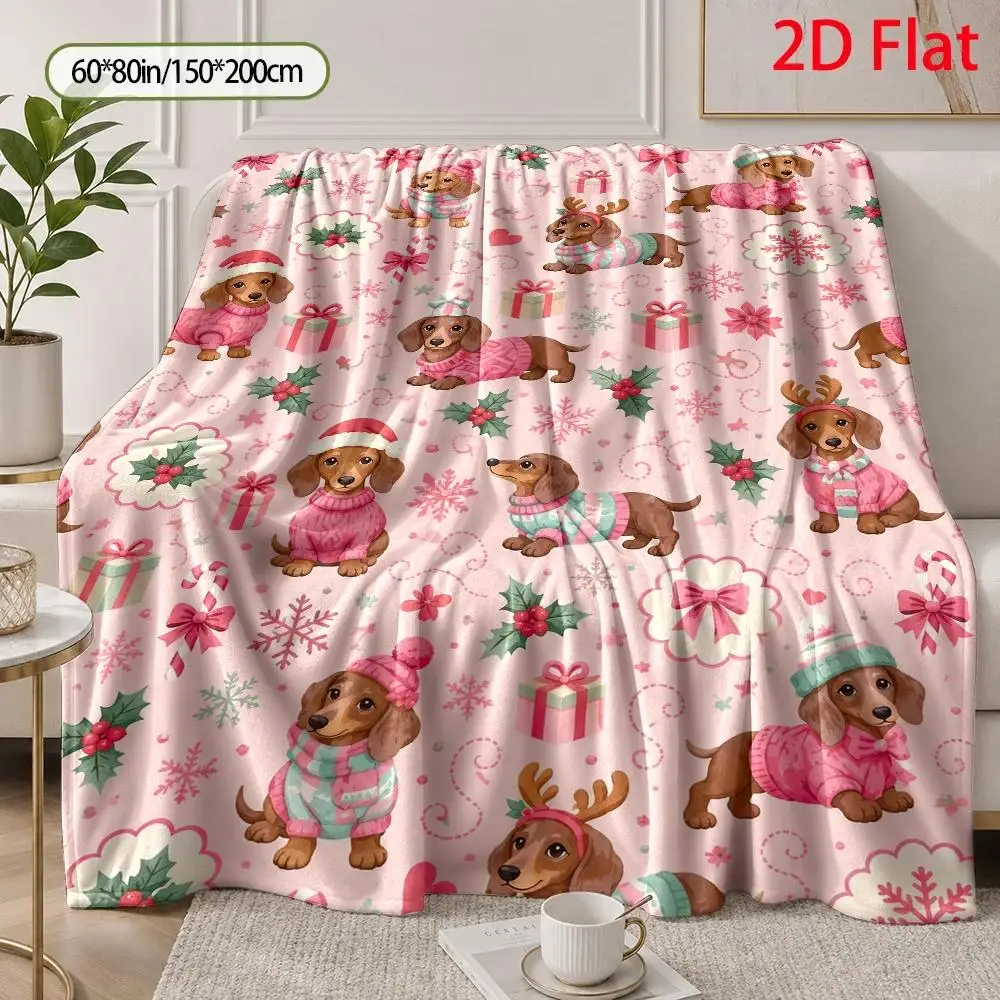Christmas Dachshund Throw Blanket, Pink Sweater Wiener Dog Print with Santa Hats, Reindeer Antlers, Snowflakes, Holly and Gift Boxes, Soft Lightweight Fleece Blanket for Couch Sofa Bed, Cozy Holiday Home Decor, Winter Gift for Dog Lovers and Doxie Fans