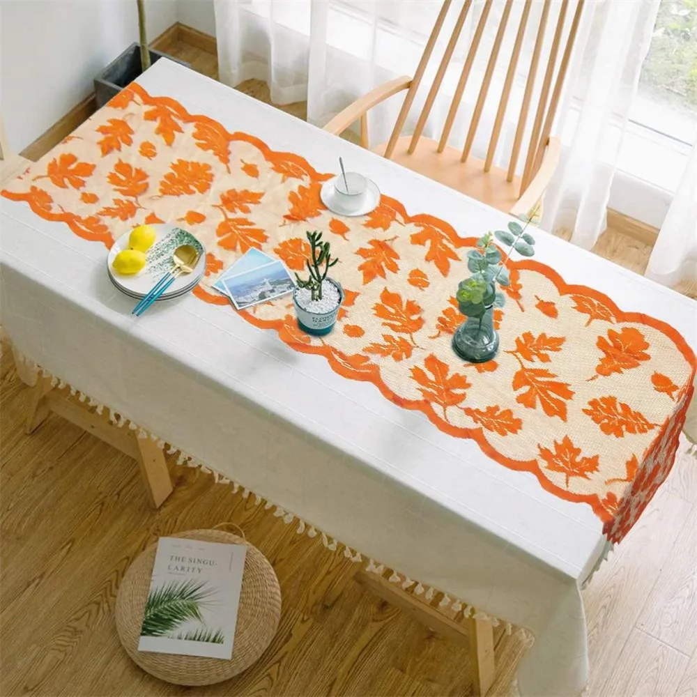 NEW Thanksgiving Table Runner Maple Leaf Pattern Lace Design Decorative Runner Washable Orange Autumn Tablecloth Harvest Season