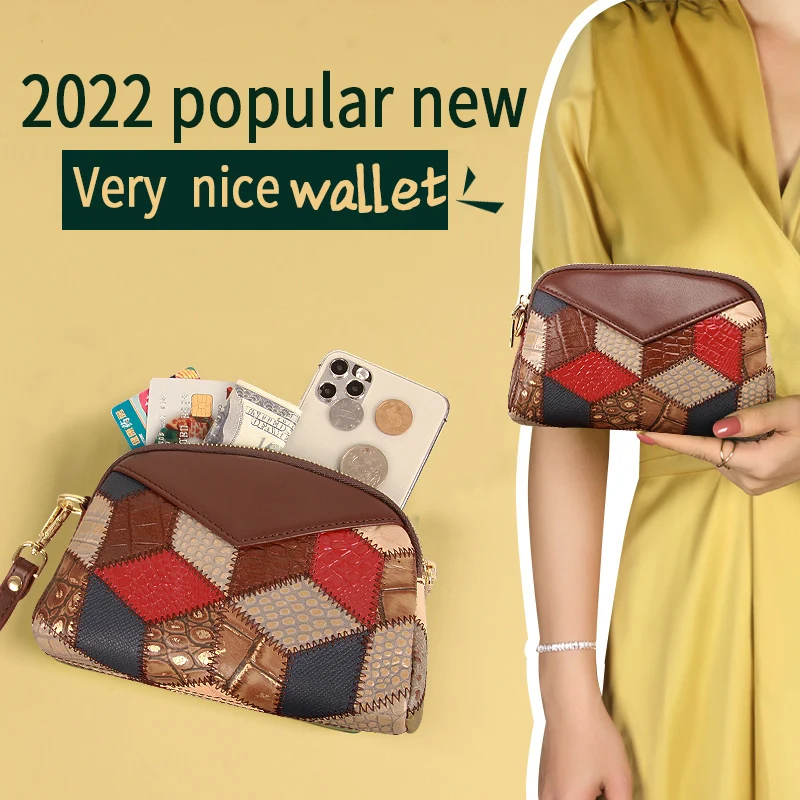 Women Zipper Clutch Natural Cowhide Classic Vintage Coin Purse Designer Patchwork Handmade Ladies Phone Bags Female Wallets New