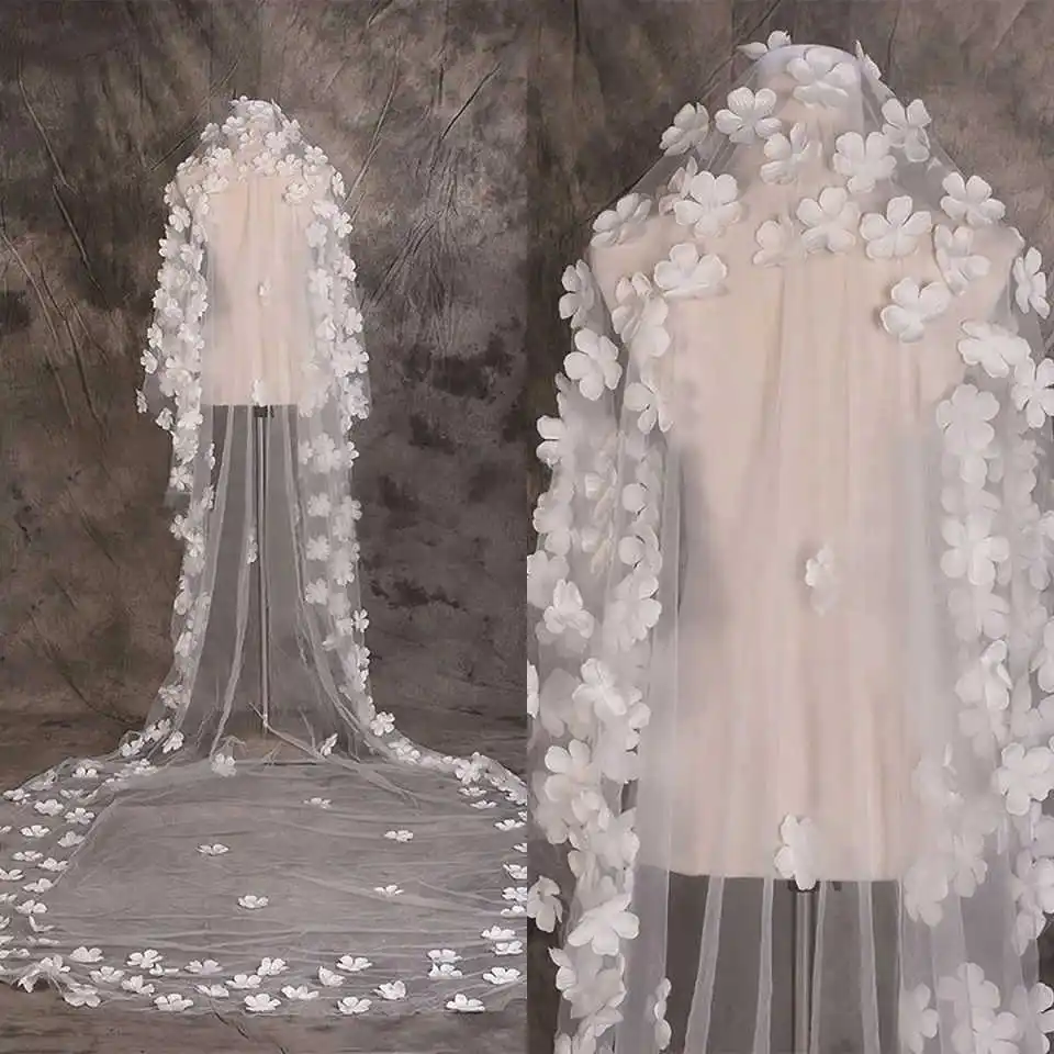 

Customized Wedding Veils Hand Made Flowers Long Cathedral Length One Layer Tulle Custom Made Bridal Veil Accessories