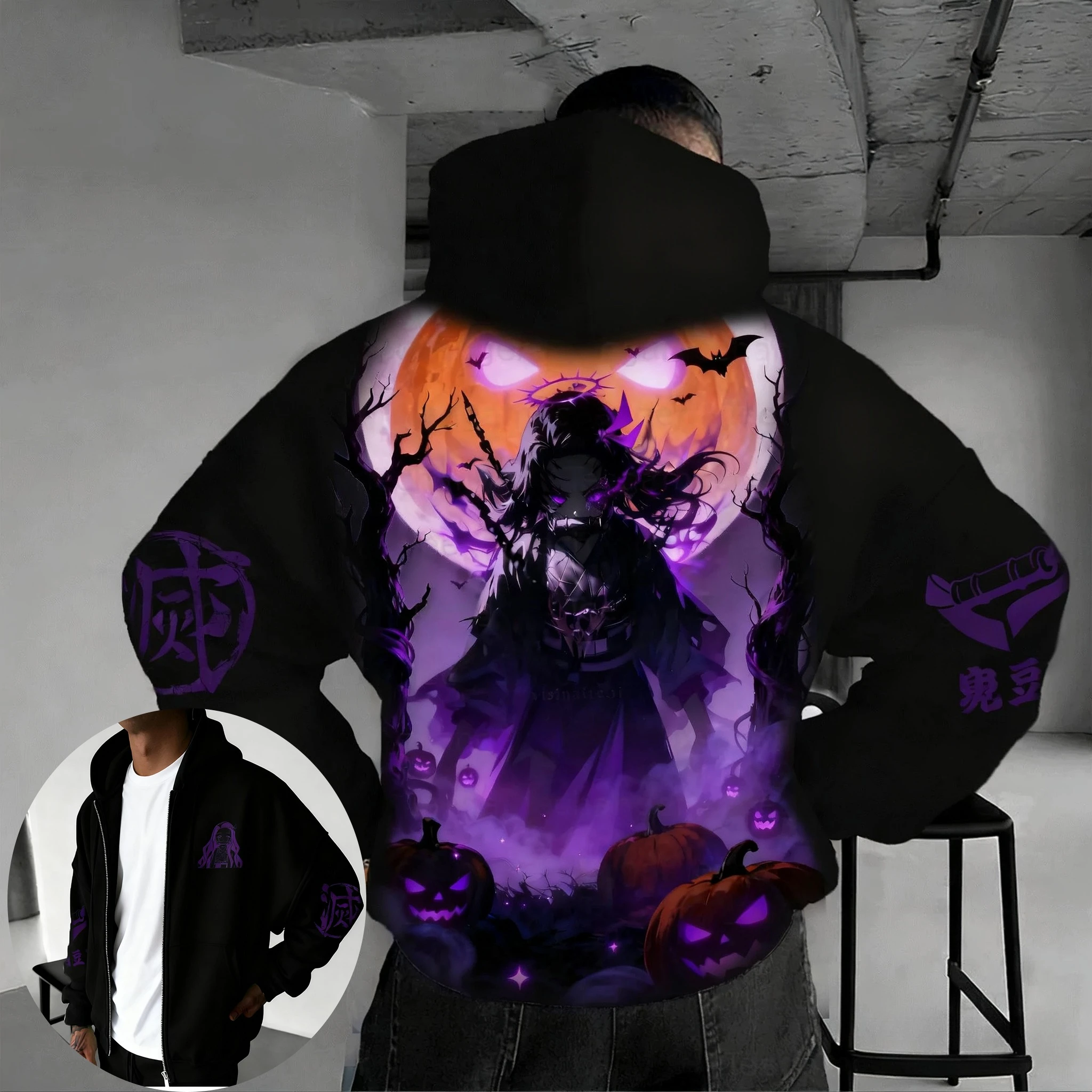 

Demon Slayer Halloween Versatile Zipper Hoodie 2025 Men's and Women's Autumn/Winter New Anime Printed Casual Loose Sweater Top