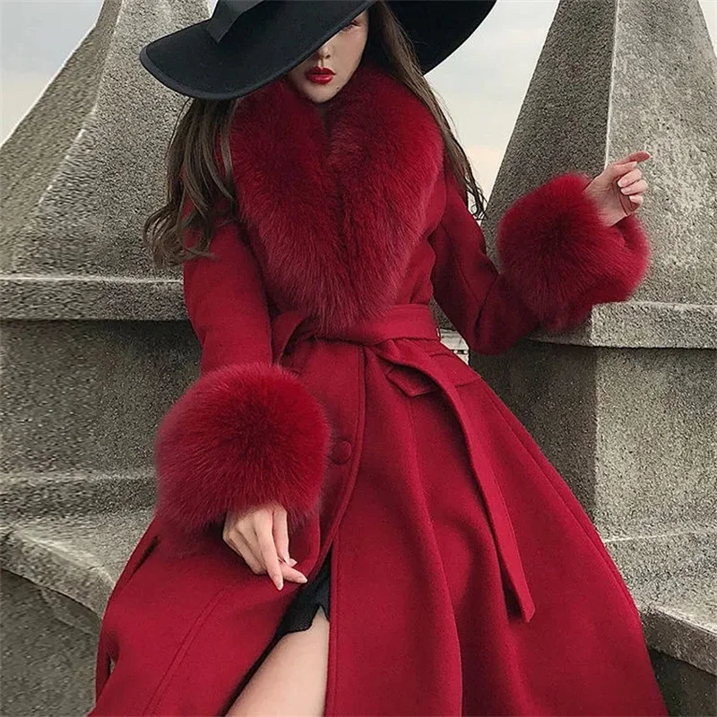 Abrigo de invierno de longitud media para mujer, vestido de lana con cuello de lana grande, cintura envuelta, temperamento de celebridad roja, 2023