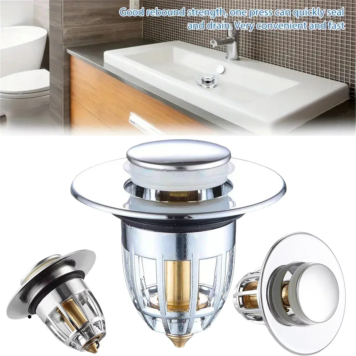 Universal Rebound Drain Plug Filter Basin Pop-up Chrome Sink Filter with Hair Catcher Bathroom Sink Drain Stopper Easy Push Type