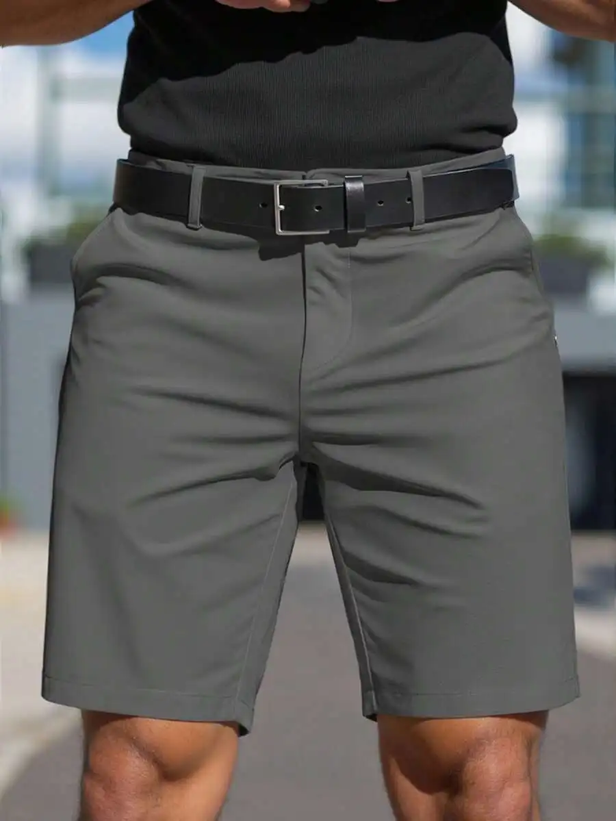 

Mens Minimalist Solid Gray Slim Fit Casual Shorts With Belt Loops