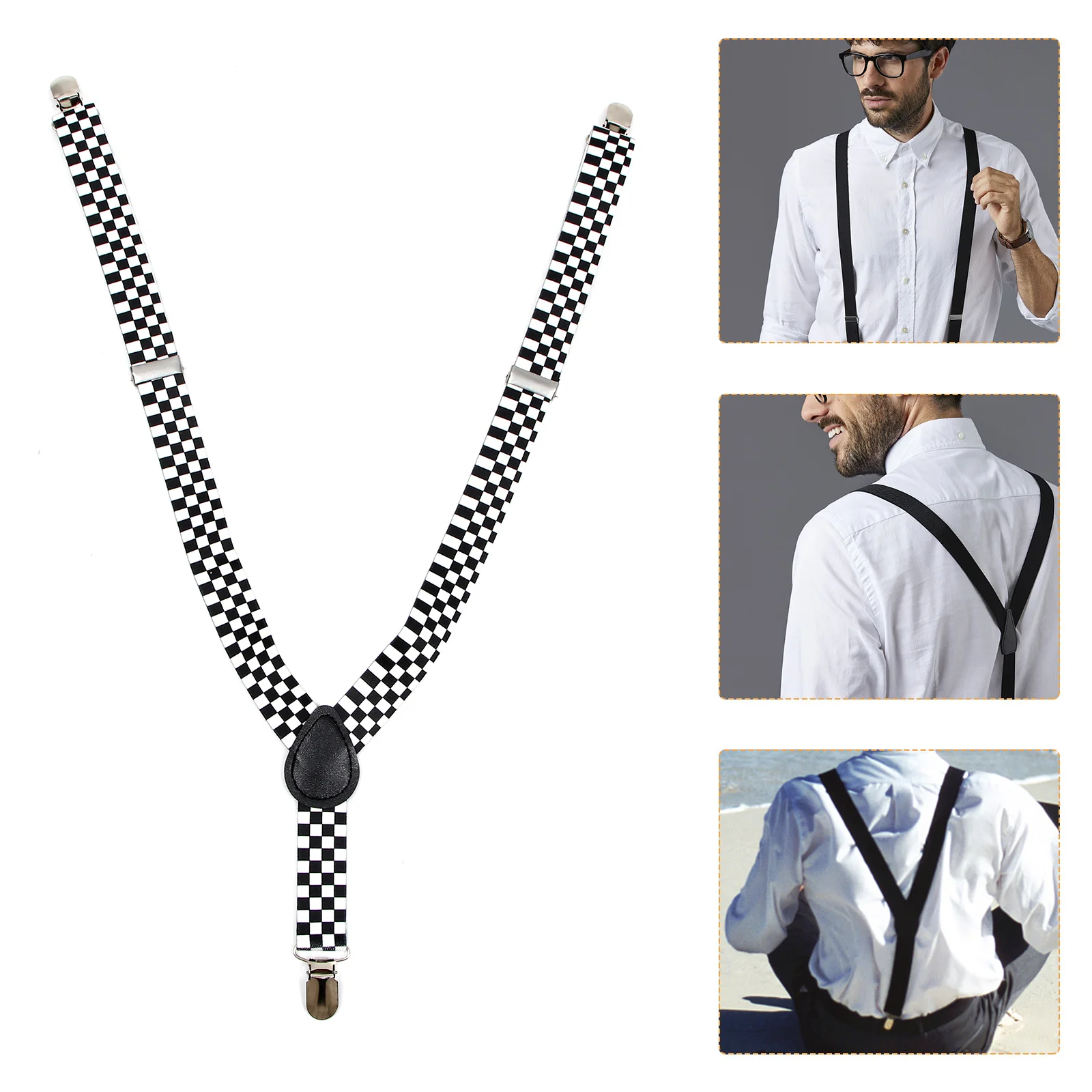 Checkered Clip-on Braces Elastic Y-back Suspender (Black+White) Checkered suspender Clip-on suspender