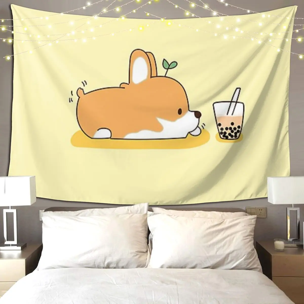 

Гобелен с корги и пузырьковым чаем в стиле хиппи, настенный эстетический гобелен для украшения дома для гостиной, спальни, общежития