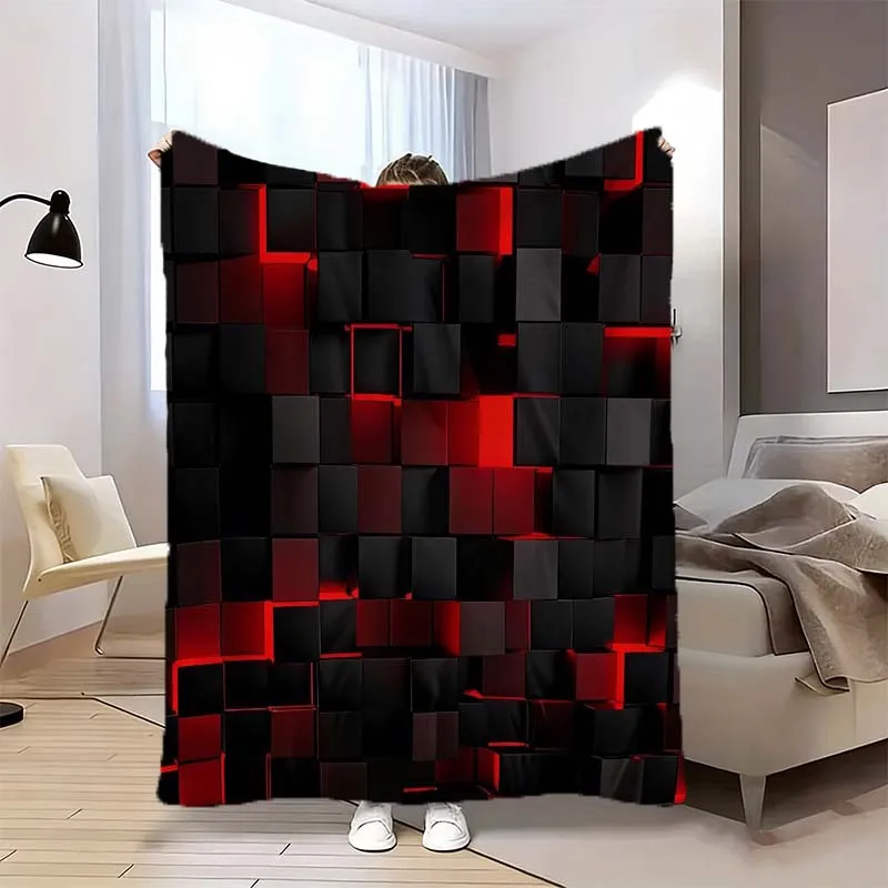 1pc Black Red Geometric Light And Shadow Print Flannel Blanket, Patterned Flannel Throw, Lightweight And Easy to Use, Durable, W