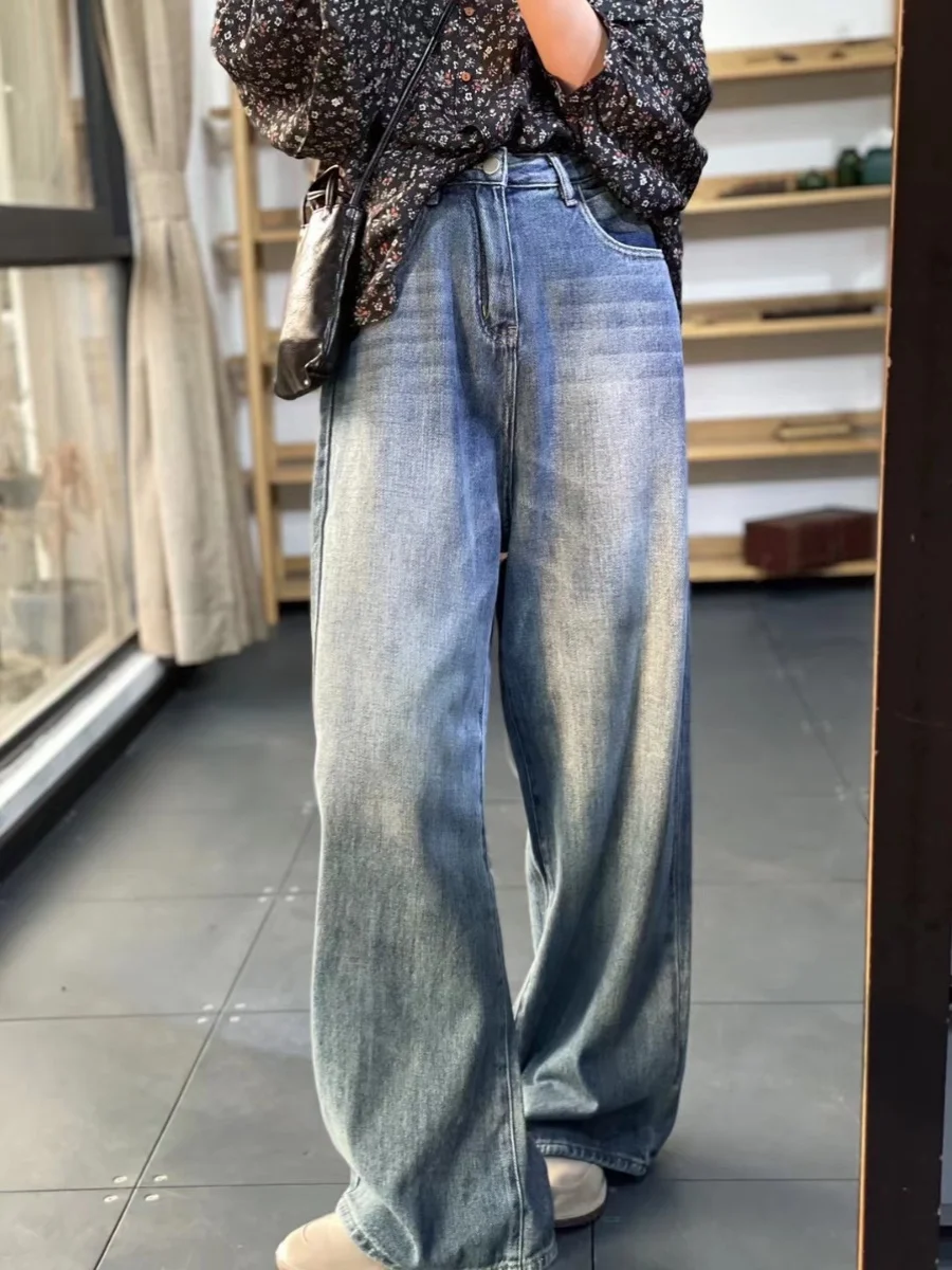 

Широкие джинсы с высокой талией, прямой крой, весенне-осенние синие джинсовые брюки, драпированные утягивающие повседневные длинные брюки для женщин