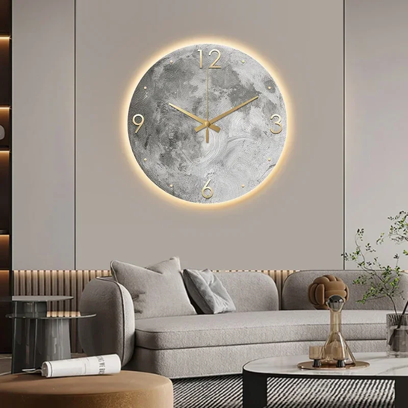 Reloj de pared minimalista moderno, reloj para sala de estar, pintura de piedra arenisca de Luna, Ideas de restaurante de moda para el hogar, decoración de pared con luz LED