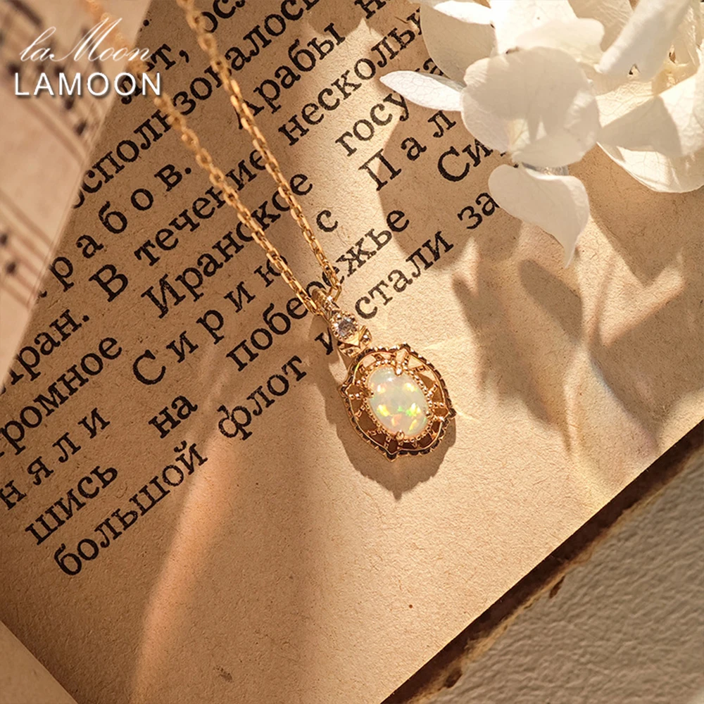 

LAMOON Luxury Natural Opal Pendant Necklace for Women Japanese Style S925 Sterling Silver Gold Plated Retro Elegant Fine Jewelry