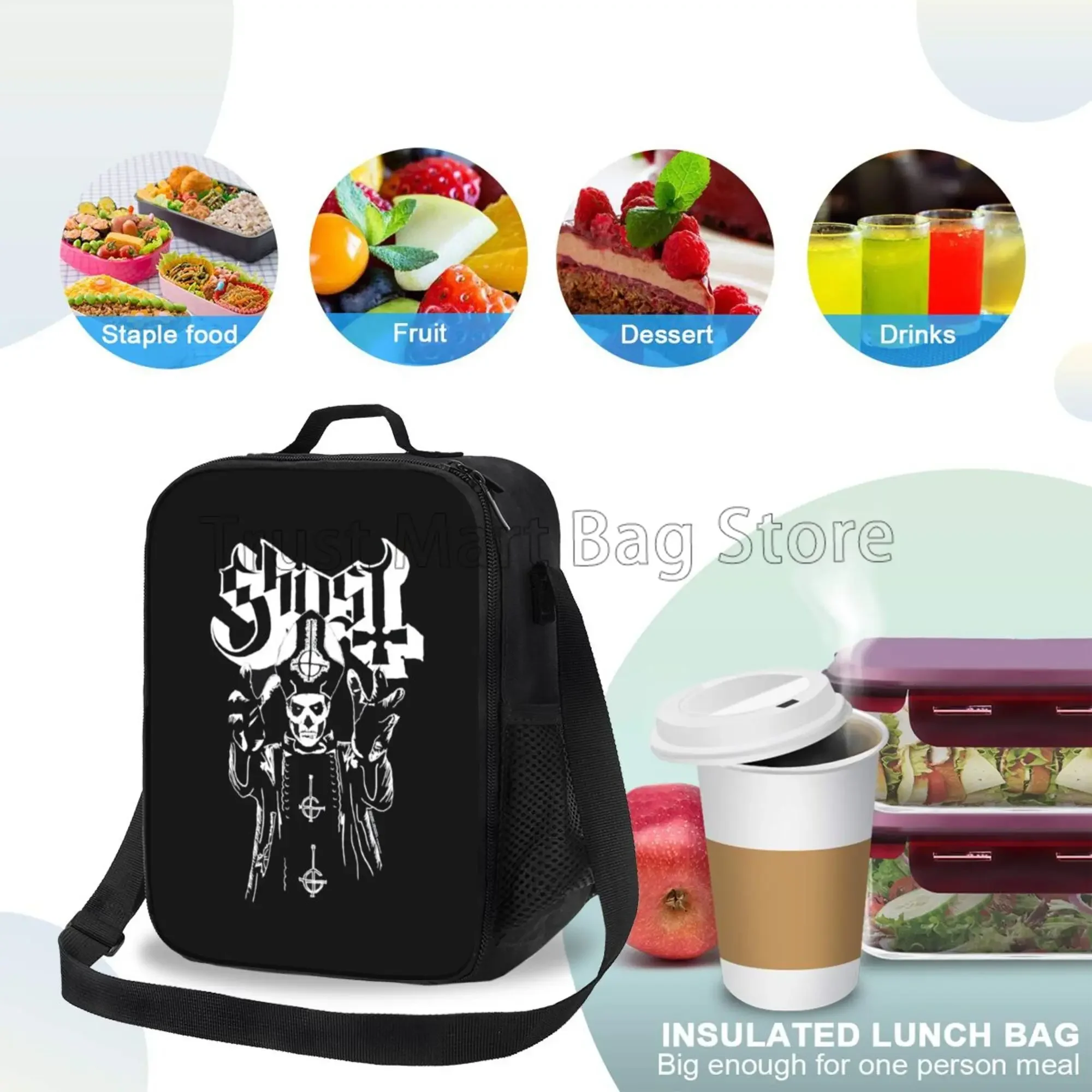 Band Ghost B.C. Insulated Lunch Bag for Women Men Reusable Lunch Box for Office Work Cooler Bag with Adjustable Shoulder Belt