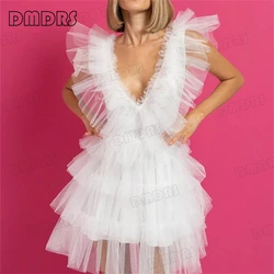 White Layered Tulle Dress Tutu Dresses For Women Ruffle Mini Dresses Sexy Deep V Neck Formal Gown For Cocktail Party