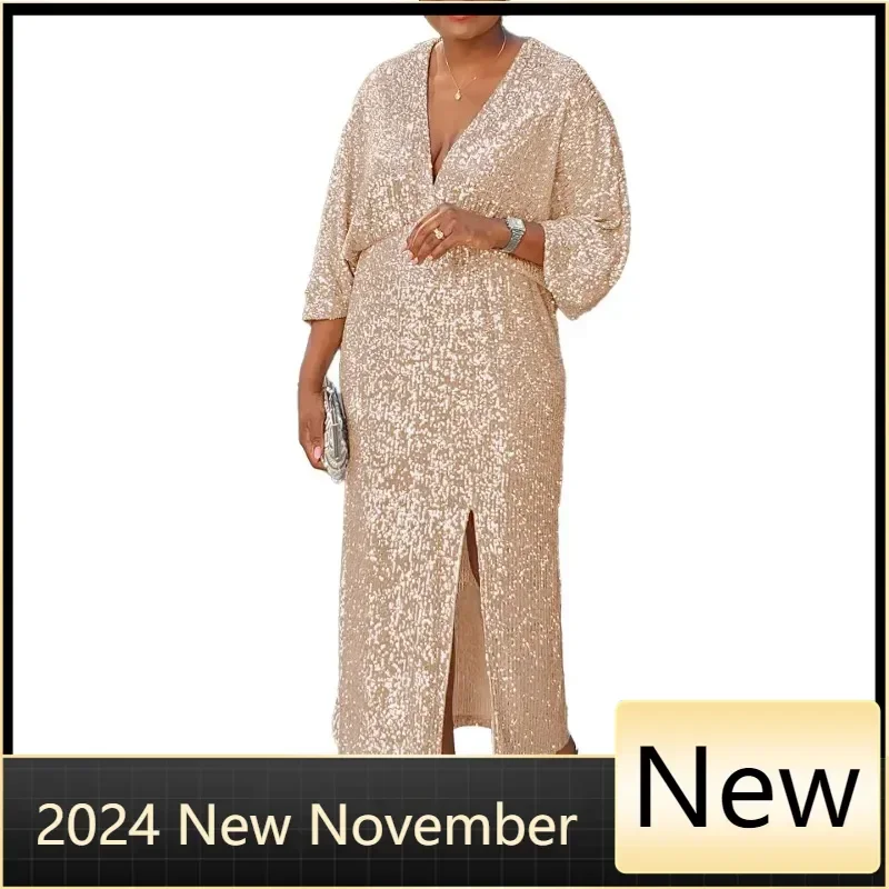 

Sequin African Dresses for Women Autumn Elegant Long Sleeve V-neck Party Evening Long Dress Gowns Dashiki African Clothes Women