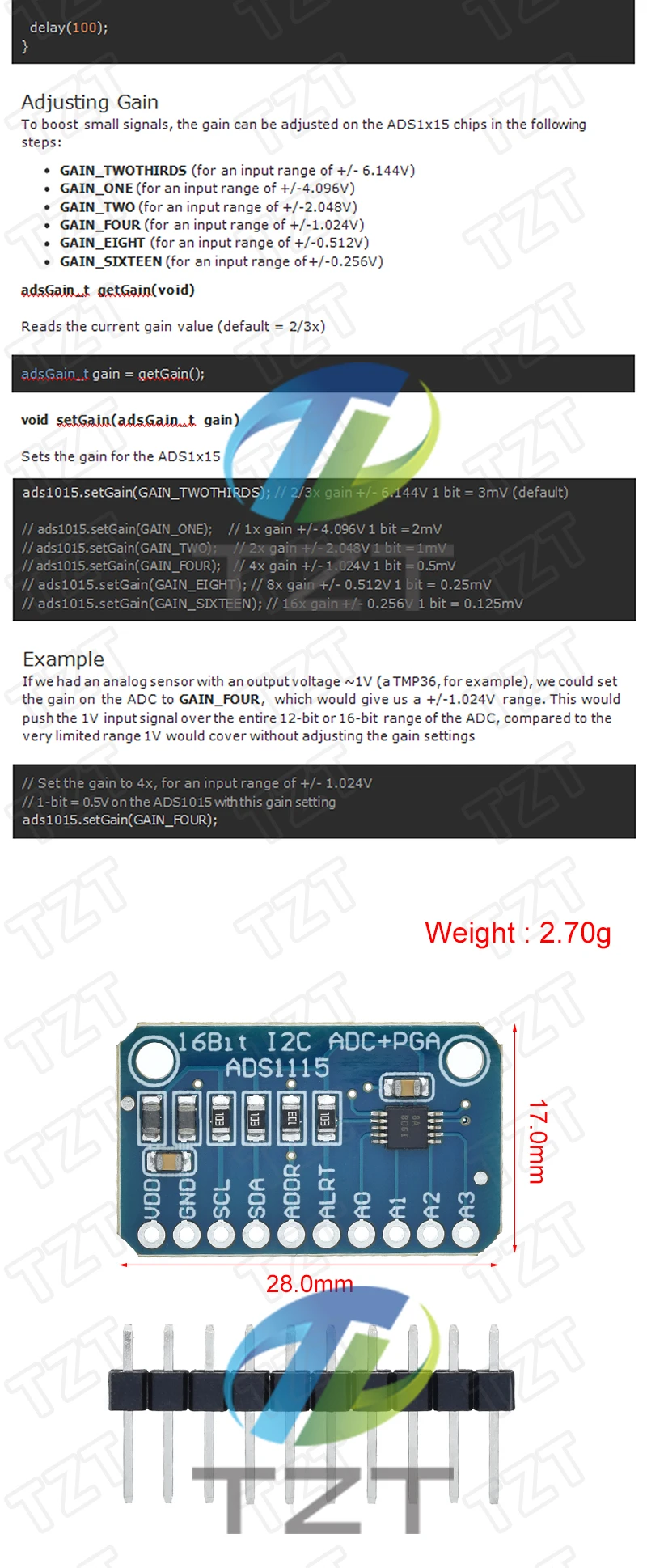 TZT 1/5 Stück ADS1115 16-Bit-I2C-Modul Präzisions-4-Kanal-Entwicklungsboard Pro Gain Verstärker 2,0V bis 5,5V für Arduino – Detail 5