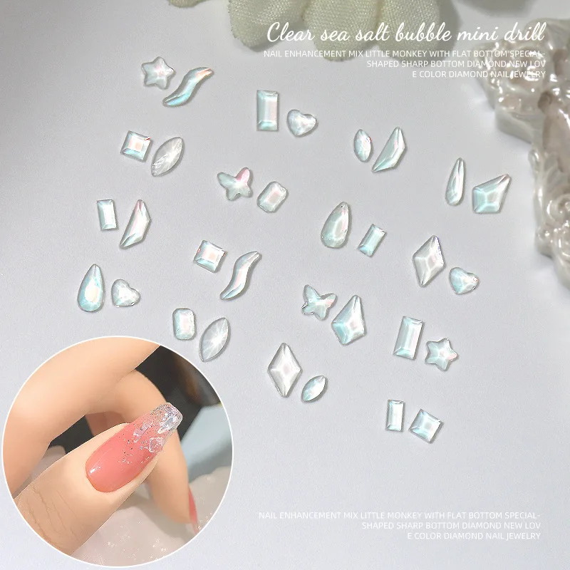 100PCS Iridescent Sea Salt Pink‑Green Mini Flatback Diamonds Nail Rhinestones Mix Shapes Small Crystal Gems Manicure Accessories