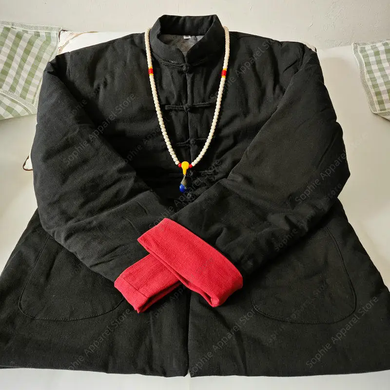 Traditional Chinese Style Tang Suit Men Winter Thickened Padded Jacket Cotton Linen Kung Fu Coat Retro Frog Button Hanfu Outwear