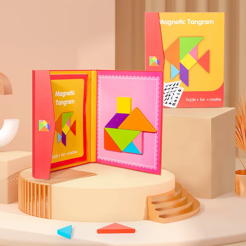 Drewniane układanka magnetyczna Puzzle Tangram zabawki edukacyjne dla dzieci przenośne zabawki Puzzle inteligentne Montessori