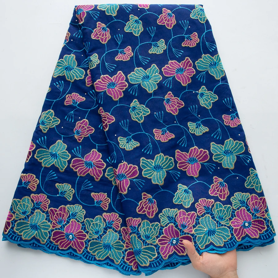 Luxuriöser nigerianischer Schweizer Voile-Spitzenstoff, marineblau, mit Blumenmuster, Strass-Stickerei, afrikanische Baumwollspitze für Damen, Hochzeitskleid, zum Nähen